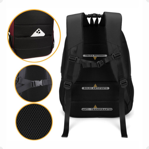 Mochila Masculina Notebook Escolar Impermeavel Reforçada Grande 35L Resistente Bolsa Viagem Faculdade Executiva Premium Com Saida Usb Identificador De Bagagem Cabo De Aço Cor Preta Bagear