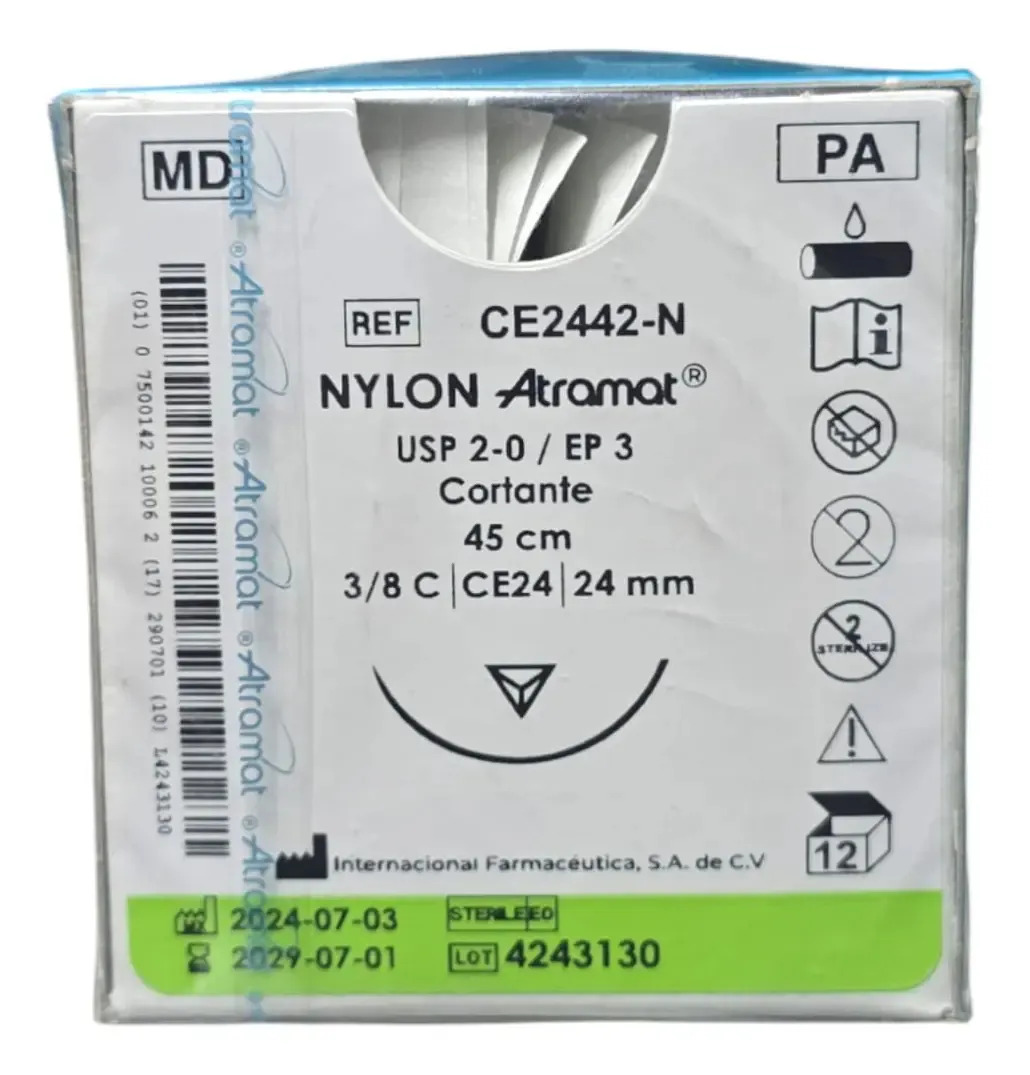 Sutura Nylon 2-0 Atramat 12 unidades 3/8 C Cortante 24mm 45cm 060.841.04