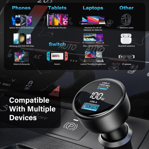 Topadre Cargador De Coche Usb C De 100 W Con Pantalla, Adapt