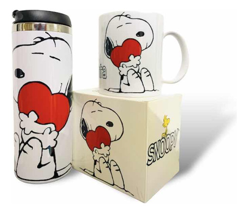 Paquete Termo Con Taza Snoopy  Con Corazón. Personalizado