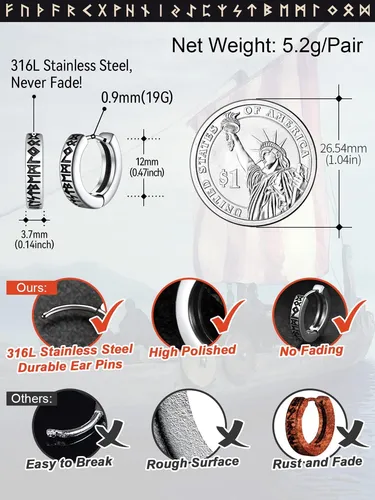Pendientes Huggie De Runa Vikinga En Acero Inoxidable