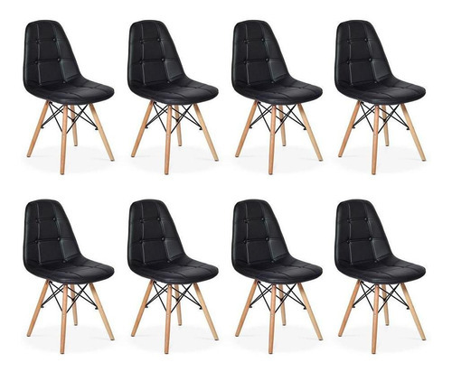 Conjunto 8 Cadeiras Dkr Charles Eames Wood Botonê Preta