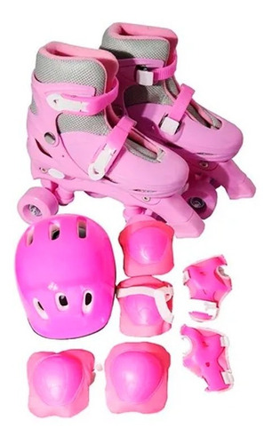 Patins Infantil Adulto Roller C/ Kit De Proteção Rosa 35-38