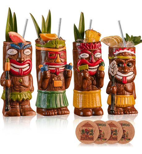 Juego De 4 Tazas De Cóctel Tiki Con Posavasos Y Popotes De C