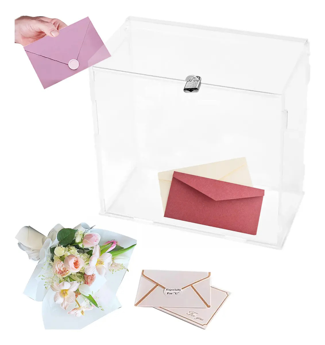 Caja Buzón Alcancía Tarjeta/Dinero/Sobres Boda con Cerradura, Caja Regalo Acrílica con Ranura Caja Alcancía Transparente para Recepción Decorativa de Fiesta Boda Graduación Donació
