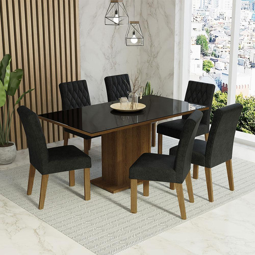 Sala Jantar Mesa Tampo Vidro 6 Cadeiras Geórgia Madesa Rpo Cor Rustic/Preto/Oxford Desenho do tecido das cadeiras Listrado