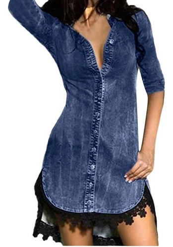 A Vestido Mujer Botón Abajo Denim Encaje Jeans Camisa