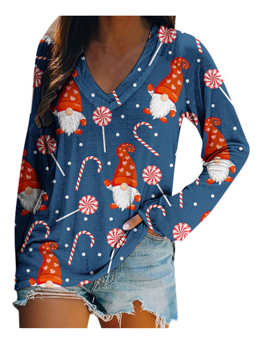 Jersey K Tops Para Mujer Estampado Navideño Con Cuello En V