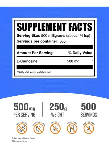 L-carnosina En Polvo 500 Mg Aminoácidos Por Porción 250 G Me