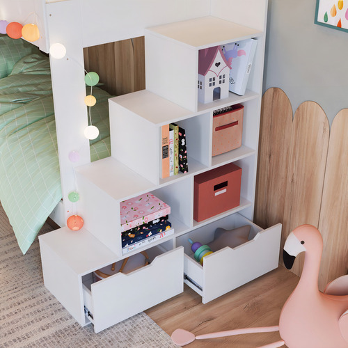 Cama Beliche Infantil Bicama Menino Menina 2,32m com Escada, Nichos e Gavetas Branca