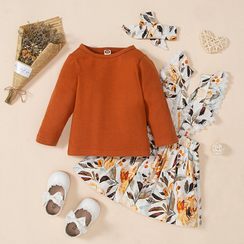 3pcs Conjunto Bebé Con Blusa Diadema Y Falda De Tirantes Naranja Oscuro 6-9 M