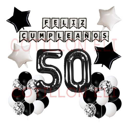 Combo Cumple 50 Años - Globos 1 Metro Banderin Negro Blanco