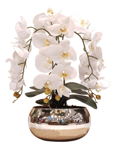 Arranjo De Orquídeas Brancas Silicone Toque Real Vaso Prata