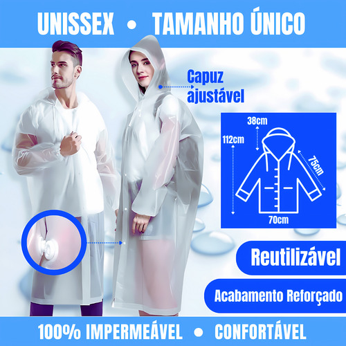 Kit 3 Capa De Chuva Reforçada Pvc Transparente Resistente