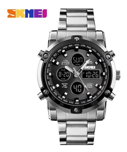 Reloj Skmei 1389 Plateado Fondo Negro De Acero Inoxidable