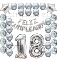 Comprar Combo Feliz Cumple Globos Confeti Numero Plateado Cotillon