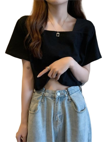 Camiseta Negra Cuello Cuadrado Mc For Mujeres Verano Dulce