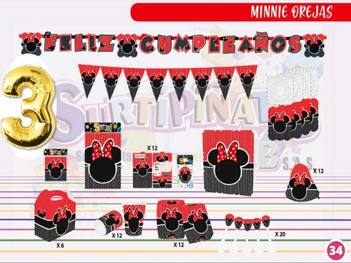  Kit Decoración Minnie Mouse Orejas X12 Niños + Obsequio