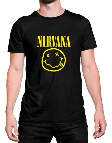 Camiseta Algodão Básica Emoji Carinha Amarela Logo Nirvana
