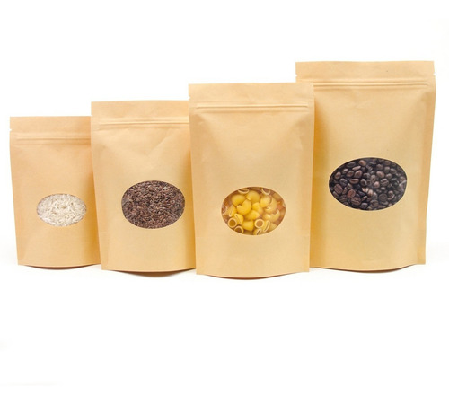 Imagen 1 de 6 de 50 Bolsas Stand Up Pouch Kraft Con Ventana Ovalada 80 Grs