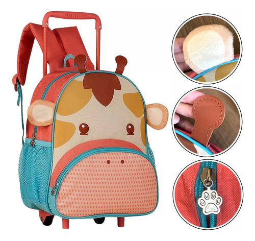 Kit Mochila Rodinha Lancheira Girafa 3d Bichinhos