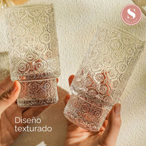 Set 4 Vasos Vidrio Relieve Flor Begonia 280ml Agua Cafe