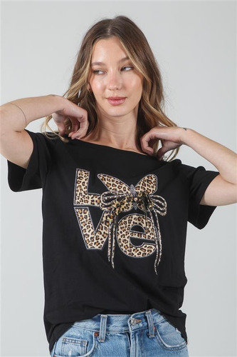 Remera Premium Estampada Love Moño Print Con Brillos Gu03526