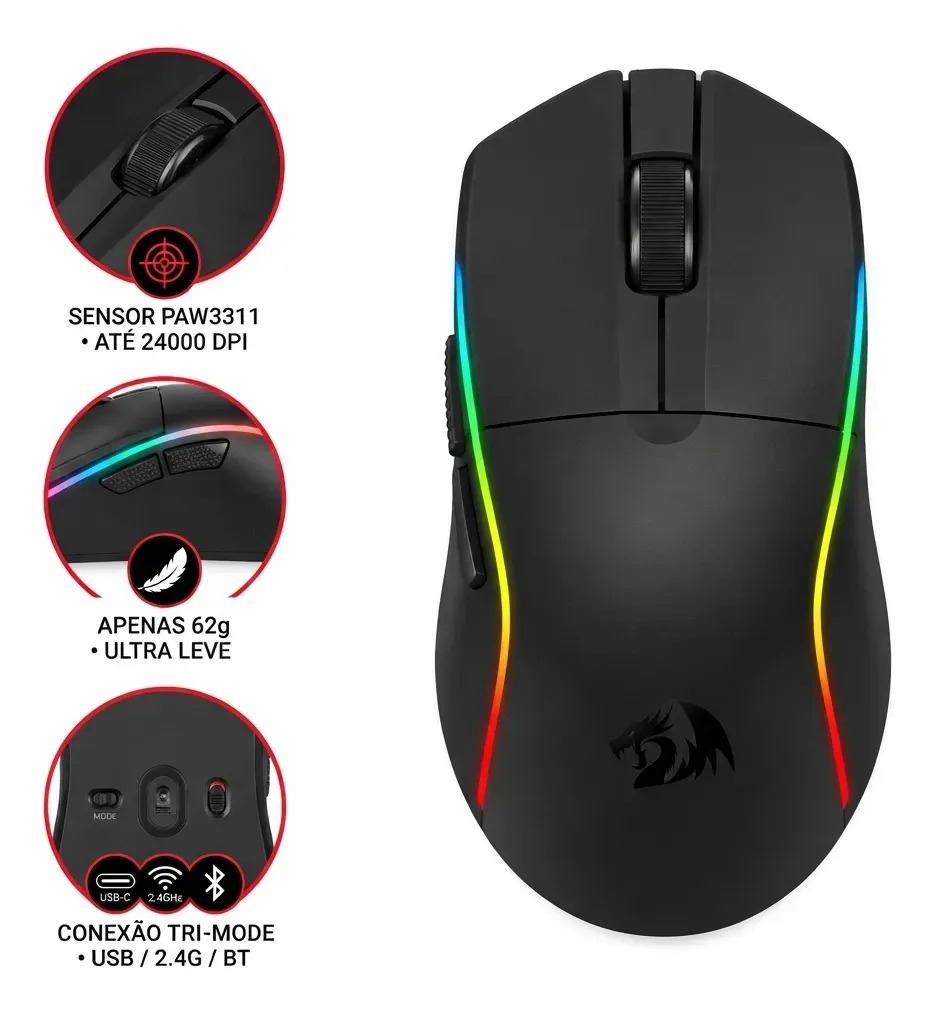 Mouse Gamer Redragon Deicide Standard Preto Rgb 24000 Dpi