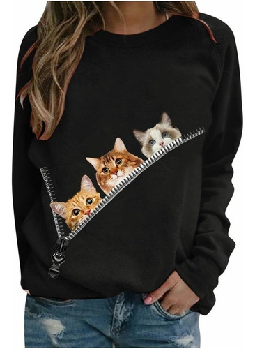 Playera De Mujer Con Cuello Redondo Y Estampado De Gato  [u]