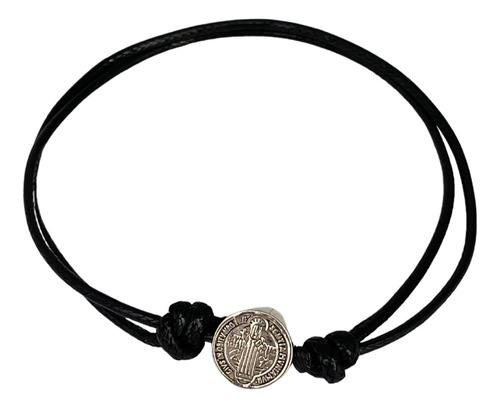 Pulsera San Benito Plata 925 Hilo Ajustable Negro C/medalla