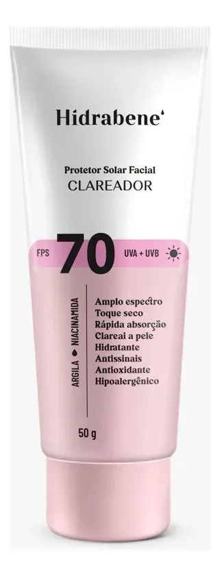 Hidrabene Protetor Facial Solar FPS 70 Toque Seco Antissinais Clareia 50g