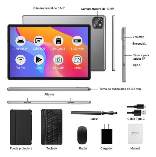 Tablet Android 14 10.1' Hd 16+128gb Ram Wifi 6 Octa-core