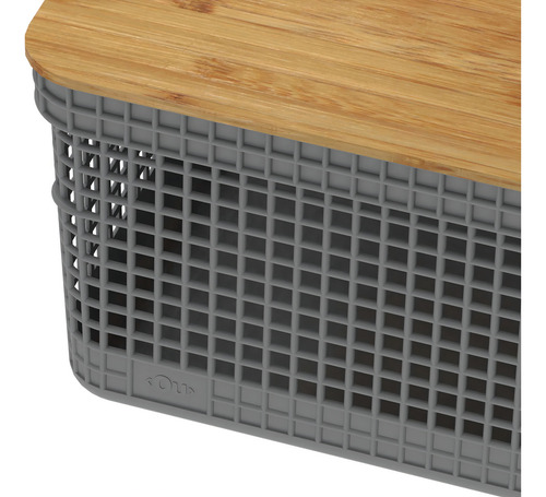 Cesto Organizador Grid C/ Tampa De Bambu 8l Chumbo Ou Cor Cinza