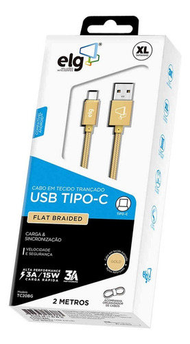 Cabo ELG Tc20bg Usb Tipo-c Nylon 2m - Dourado