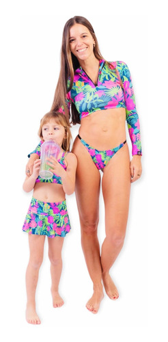Remera Top Surf Uv Upf50+ C/pasante Dedo Tropical Mujer Mama