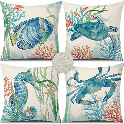 Conjunto De 4 Fundas De Almohada Exterior Tema De Mar Y...