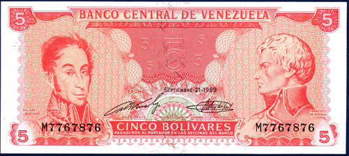Billete 5 Bolívares M7 Septiembre 21 1989 Bolívar Y Miranda