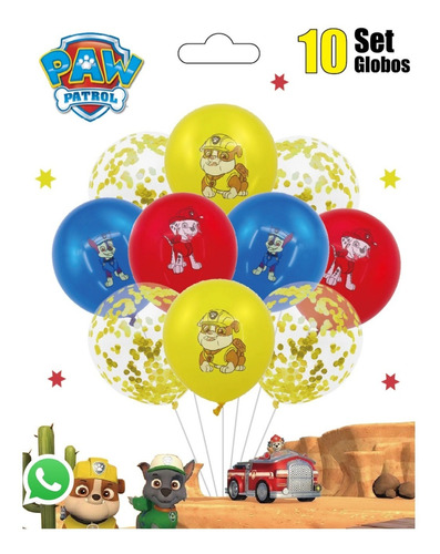 Set De Globos Con Confeti Y Estampado Paw Patrol X 10