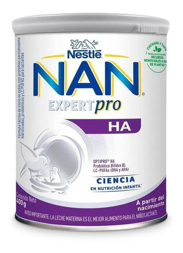 Leche de fórmula en polvo sin TACC Nestlé Nan H.A. en lata de 1 de 400g - 0  a 12 meses