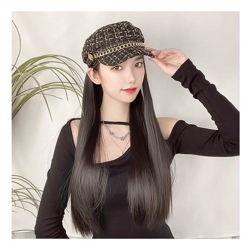 . Peluca Larga Y Recta For Mujer Con Gorra Negra