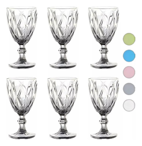 6 Pzs Copa De Vino Cristal De Agua Grabado Vidriera Vintage Color Transparente