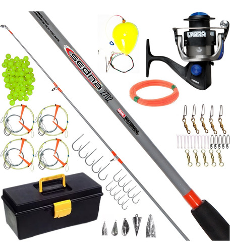 Kit Pesca Completo Reel + Caja Completa Accesorios + Caña Maciza 30 Libras