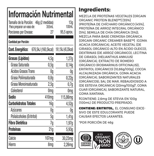 Orgain Proteína Vegana Vainilla Polvo 1.2 Kg Bidón Vainilla