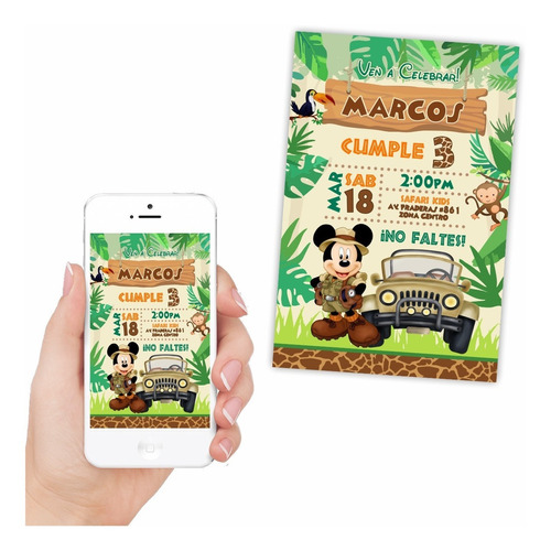 Invitación Digital Cumpleaños Mickey Mouse Safari Explorador