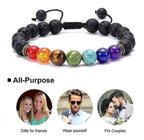 Imagen 5 de 6 de Pulsera Ajustable 7 Chakras Piedras Volcánicas Buena Energía