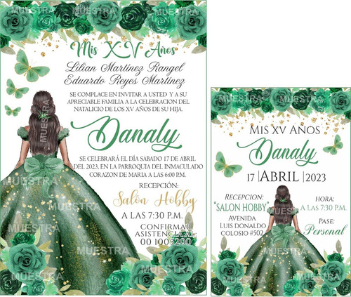50 Invitaciones Xv Años Verde Flores Elegante+pase Personal 