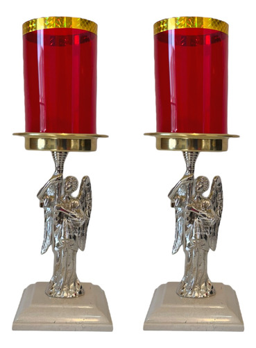 Candeleros De Mesa Para Altar (par) Angel De Bronce Plateado