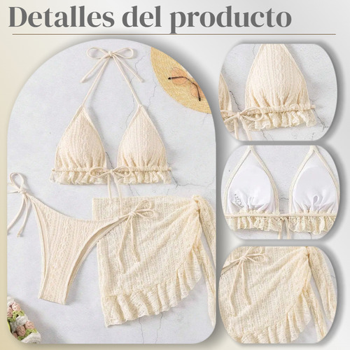 Bikini De 3 Piezas Con Encaje Floral Y Falda Pareo,volantes