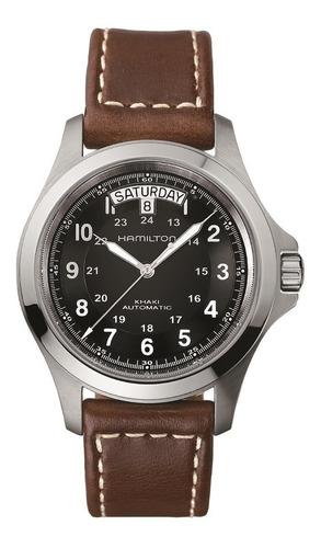 Reloj pulsera Hamilton King auto con correa de cuero color marrón - fondo negro - bisel acero