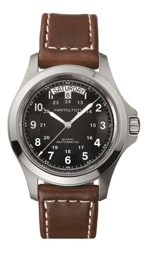 Reloj pulsera Hamilton Khaki Field King auto de cuerpo color acero, analógico, fondo negro, con correa de cuero color marrón, agujas color plata y blanco, dial plata, minutero/segundero blanco, bisel color acero y hebilla simple